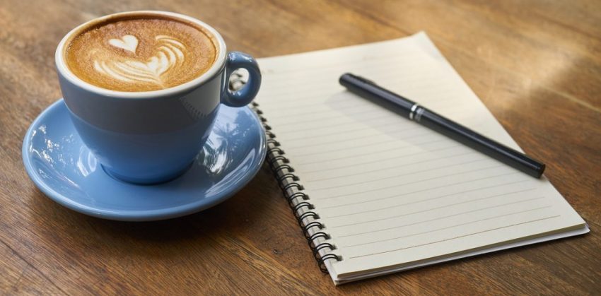 coffee, pen, notebook